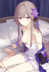 Rule 34 | 1girl, ?, ai-assisted, bare shoulders, bed, bow, breasts, cleavage, closed mouth, commentary request, doll joints, feet, flower, frilled shorts, frills, hair bow, hair flower, hair ornament, herta (honkai: star rail), highres, honkai: star rail, honkai (series), jacket, joints, light blush, looking at viewer, medium breasts, off shoulder, on bed, pajamas, pillow, poki (j0ch3fvj6nd), scrunchie, short shorts, shorts, sitting, solo, spaghetti strap, strap slip, toes, white shorts, wrist scrunchie, yokozuwari