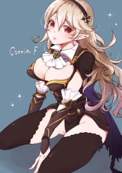 Rule 34 | 1girl, arm guards, armor, armored dress, between legs, black armor, black dress, black leotard, breasts, cape, character name, cleavage, cleavage cutout, clothing cutout, commentary, corrin (female) (fire emblem), corrin (fire emblem), dress, elbow sleeve, fire emblem, fire emblem fates, fire emblem heroes, frills, gem, green gemstone, hairband, hand between legs, highres, jewelry, large breasts, leotard, long hair, nekolico, nintendo, open mouth, pointy ears, red eyes, seiza, silver hair, sitting, thighhighs, thighs, torn cape, torn clothes, white neckwear