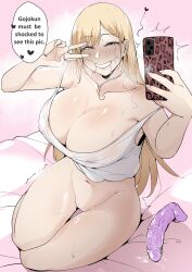 Rule 34 | 1girl, absurdres, bare shoulders, bed sheet, blonde hair, blush, breasts, camisole, cleavage, collarbone, commentary, covered erect nipples, dildo, english commentary, fingernails, grin, groin, hair strand, half-closed eyes, hands up, highres, holding, holding phone, kitagawa marin, large breasts, long hair, navel, open mouth, phone, pussy juice, puzenketsu, red eyes, selfie, sex toy, sitting, sleeveless, smile, solo, sono bisque doll wa koi wo suru, speech bubble, stomach, stray pubic hair, sweat, teeth, thigh gap, v, v over eye