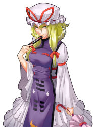 Rule 34 | 1girl, armband, bow, breasts, closed umbrella, dress, folded fan, folding fan, hair bow, hair up, hand fan, hat, hat ribbon, holding, holding umbrella, kazu (rakugakino-to), long sleeves, looking to the side, looking up, mob cap, purple eyes, ribbon, simple background, smile, solo, tabard, touhou, trigram, umbrella, white background, white dress, wide sleeves, yakumo yukari