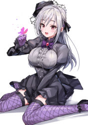 Rule 34 | 1girl, absurdres, black dress, blush, bug, butterfly, butterfly on hand, dress, fishnet thighhighs, fishnets, frilled dress, frills, garter straps, gloves, grey hair, hair down, hat, highres, idolmaster, idolmaster cinderella girls, insect, kanzaki ranko, lolita fashion, long hair, long sleeves, mini hat, official alternate costume, pizzasi, puffy sleeves, purple gloves, purple thighhighs, red eyes, sitting, smile, solo, thighhighs, wariza