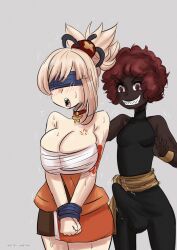 Rule 34 | 2girls, afro, blindfold, blonde hair, blue blindfold, blush, breasts, clothes, dark-skinned female, dark skin, erection, futa with female, futanari, genshin impact, grey background, highres, interracial, large breasts, long hair, looking at viewer, medium hair, multiple girls, open mouth, original, penis, ponytail, red hair, restrained, simple background, small breasts, smile, testicles, umeyiyo, yoimiya (genshin impact)