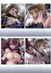 Rule 34 | 4girls, absurdres, armor, blonde hair, blush, braid, breasts, claudette (queen&#039;s blade), elina (queen&#039;s blade), helmet, highres, large breasts, leina (queen&#039;s blade), long hair, looking at viewer, multiple girls, nipples, open mouth, queen&#039;s blade, red hair, smile, torn clothes, weapon, ymir (queen&#039;s blade)