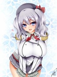 Rule 34 | 10s, 1girl, :d, beret, blue eyes, breasts, buttons, gloves, hat, highres, jotti, kantai collection, kashima (kancolle), kerchief, large breasts, long sleeves, looking at viewer, military, military uniform, miniskirt, open mouth, parted lips, pleated skirt, red ribbon, ribbon, short twintails, silver hair, skirt, smile, solo, standing, twintails, uniform, wavy hair, white gloves