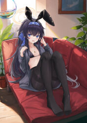 Rule 34 | 1girl, absurdres, adapted costume, animal ears, bikini, black bikini, black hair, black pantyhose, blue archive, blue eyes, blush, breasts, dasiu, drawing (object), fake animal ears, grey jacket, halo, highres, indoors, jacket, jewelry, long hair, open clothes, open jacket, open mouth, pantyhose, pendant, plant, potted plant, rabbit ears, small breasts, solo, sweat, swimsuit, thighband pantyhose, ui (blue archive), ui (swimsuit) (blue archive), yellow halo