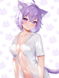Rule 34 | 1girl, ahoge, animal ear fluff, animal ears, breasts, cat ears, cat girl, cat tail, collarbone, emmett, groin, hair between eyes, highres, hololive, looking at viewer, medium breasts, naked shirt, navel, nekomata okayu, nekomata okayu (oversized shirt), official alternate costume, purple eyes, purple hair, shirt, short hair, simple background, solo, tail, upper body, virtual youtuber, white shirt