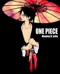 Rule 34 | 1boy, character name, copyright name, japanese clothes, male focus, monkey d. luffy, oil-paper umbrella, one piece, open clothes, red umbrella, sash, scar, solo, umbrella