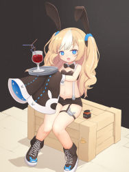 Rule 34 | 1girl, absurdres, alternate costume, animal ears, azur lane, black background, blonde hair, blue eyes, blush, chili powder, commentary request, crate, crazy straw, drinking straw, full body, hair ornament, highres, kalk (azur lane), leotard, navel, open mouth, playboy bunny, rabbit ears, shoes, shorts, sitting, solo, suspenders