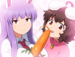 Rule 34 | 2girls, :3, ahoge, animal ears, between breasts, breasts, brown hair, carrot, commentary, dress, inaba tewi, large breasts, long hair, looking at viewer, multiple girls, necktie, phallic symbol, pink dress, purple hair, rabbit ears, red eyes, red neckwear, reisen udongein inaba, sexually suggestive, shirosato, shirt, short hair, simulated paizuri, smile, tongue, tongue out, touhou, white shirt