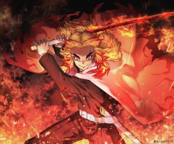 Rule 34 | 1boy, black jacket, blonde hair, closed mouth, commentary request, cowboy shot, fighting stance, fire, flaming sword, flaming weapon, forked eyebrows, hakama, hakama pants, haori, highres, holding, holding sword, holding weapon, jacket, japanese clothes, katana, kimetsu no yaiba, long hair, long sleeves, looking at viewer, male focus, multicolored hair, pants, red eyes, red hair, reluvy, rengoku kyoujurou, scabbard, sheath, smile, solo, standing, sword, twitter username, two-tone hair, uniform, v-shaped eyebrows, weapon