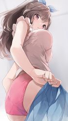 Rule 34 | 1girl, :o, ass, bare arms, bare shoulders, blue ribbon, blue skirt, breasts, brown hair, clothes pull, foreshortening, from behind, from below, gradient background, grey background, hair ribbon, highres, hiroki (yyqw7151), idolmaster, idolmaster shiny colors, large breasts, long hair, looking at viewer, looking back, looking down, panties, parted lips, pink panties, ponytail, pulling own clothes, red eyes, ribbon, shirt, skirt, skirt pull, sleeveless, sleeveless shirt, solo, tsukioka kogane, underwear, undressing, white shirt