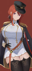 Rule 34 | 1girl, absurdres, ahoge, asyux, azur lane, black cape, black gloves, black hat, black thighhighs, braid, breasts, buttons, cape, closed mouth, commentary request, covered navel, cowboy shot, crown braid, double-breasted, dress, epaulettes, expressionless, gloves, hair between eyes, hair ornament, hand on own hip, hand on own stomach, hat, highres, huge breasts, jacket, looking at viewer, medal, military hat, military jacket, monarch (azur lane), peaked cap, pleated skirt, purple eyes, red background, red hair, short hair, simple background, skirt, solo, standing, thighhighs, thighs, white dress, zettai ryouiki