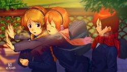 Rule 34 | 3girls, :d, :o, absurdres, bag, blurry, blurry background, breath, commentary request, dated, day, depth of field, earmuffs, closed eyes, from side, highres, hoshizora rin, hug, hug from behind, koizumi hanayo, long sleeves, looking at another, love live!, love live! school idol project, multiple girls, nishikino maki, open mouth, orange hair, outdoors, poligon (046), profile, purple eyes, red hair, red scarf, scarf, school uniform, shoulder bag, signature, smile