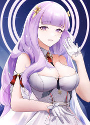 Rule 34 | 1girl, absurdres, azur lane, breasts, detached collar, dintea, dress, gloves, half gloves, highres, large breasts, light purple hair, long hair, looking at viewer, plymouth (azur lane), purple eyes, red ribbon, ribbon, sleeveless, sleeveless dress, solo, upper body, white dress, white gloves, wing collar