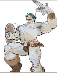 Rule 34 | 1boy, alternate muscle size, arm hair, armpit hair, armpit hair peek, bara, barley lightfoot, blue hair, blue skin, blush, bulge, chest hair, colored skin, dual wielding, excessive armpit hair, facial hair, feet out of frame, goatee stubble, hairy, highres, holding, holding shield, horikwawataru, large hands, large pectorals, leg hair, looking at viewer, male focus, muscular, muscular male, navel, navel hair, nipples, onward, pectorals, pointy ears, sanpaku, shield, short hair, sketch, solo, standing, strongman waist, stubble, thick eyebrows, thick neck, thick thighs, thighs, topless male