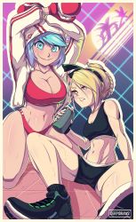 Rule 34 | 2girls, arms up, blonde hair, blue eyes, blue hair, bottle, boxing gloves, breasts, cleavage, derpixon, frown, green eyes, hair ribbon, highres, hood, hoodie, jacket, kneeling, large breasts, midriff, multiple girls, pixen (derpixon), ribbon, shoes, sitting, small breasts, sneakers, sports bikini, sports bra, striped clothes, striped jacket, thick thighs, thighs, water bottle, ydelle (derpixon)