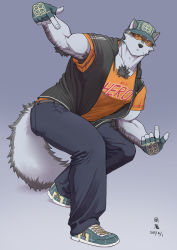 Rule 34 | 1boy, absurdres, alternate costume, animal ears, bara, baseball cap, chest hair, denim, full body, furry, furry male, grey fur, grey hair, hat, highres, horkeu kamui, jeans, leaning to the side, male focus, masaru oka, muscular, muscular male, orange shirt, pants, pectorals, shirt, shoes, solo, tail, tokyo houkago summoners, wolf boy, wolf ears, wolf tail, yellow eyes