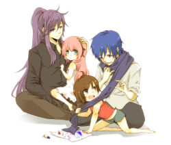 Rule 34 | 2boys, 2girls, age difference, barefoot, blue eyes, blue hair, blue scarf, brown eyes, brown hair, child, kaito (vocaloid), kamui gakupo, long hair, megurine luka, meiko (vocaloid), multiple boys, multiple girls, pink hair, ponytail, purple hair, scarf, short hair, smile, time paradox, vocaloid, wince, yucco kxoxc