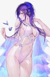 Rule 34 | 1girl, bare shoulders, blue eyes, blue hair, blush, bracelet, breasts, bug, butterfly, commentary request, earrings, genshin impact, gluteal fold, hair ornament, hairclip, halterneck, highleg, highleg swimsuit, highres, insect, jewelry, large breasts, long hair, navel, one-piece swimsuit, parted lips, ponytail, qiandaiyiyu, raiden shogun, simple background, swimsuit, thighs, wet, white one-piece swimsuit