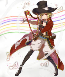 Rule 34 | 10s, 1girl, bad id, bad pixiv id, black footwear, black thighhighs, blonde hair, blush, boots, bra, breasts, brown eyes, cleavage, djeeta (granblue fantasy), fingerless gloves, gloves, granblue fantasy, harp, hat, highres, instrument, long coat, looking at viewer, open mouth, short hair, smile, solo, thigh boots, thighhighs, underwear, yuuzuki (re&#039;ef)