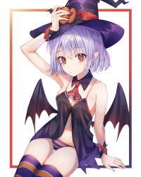 Rule 34 | 1girl, alternate headwear, arm support, arm up, ascot, babydoll, bare arms, bare shoulders, bat wings, black hat, blue hair, blush, breasts, camisole, cha chya, cleavage, commentary, cowboy shot, detached collar, hand on headwear, hat, highres, looking at viewer, low wings, navel, orange panties, orange thighhighs, outside border, panties, pointy ears, purple panties, purple thighhighs, red ascot, red eyes, remilia scarlet, short hair, sidelocks, simple background, sitting, skindentation, small breasts, solo, spaghetti strap, striped clothes, striped panties, striped thighhighs, thighhighs, thighs, touhou, underwear, white background, wings, witch hat, wrist cuffs
