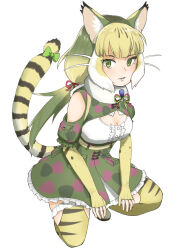 Rule 34 | 1girl, animal ears, bare shoulders, breasts, camouflage, cat ears, cat girl, cat tail, cleavage, elbow gloves, extra ears, fingerless gloves, gloves, green eyes, grey hair, highres, jungle cat (kemono friends), kemono friends, kemono friends v project, kneehighs, long hair, looking at viewer, medium breasts, microphone, ribbon, scarf, shirt, simple background, skirt, socks, solo, tail, twintails, virtual youtuber, y0whqzz8bkslezl