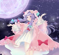 Rule 34 | 1girl, arms up, cloud, commentary request, crescent, crescent hair ornament, dress, eyelashes, feet out of frame, frills, hair blowing, hair ornament, hair ribbon, hat, hexagram, ibashi roni, long hair, long sleeves, looking away, looking to the side, magic circle, mob cap, octagram, outstretched arms, parted lips, patchouli knowledge, petals, pink robe, purple eyes, purple hair, ribbon, robe, sidelocks, sky, solo, spread arms, standing, star (sky), starry sky, striped clothes, striped dress, swept bangs, touhou, tress ribbon, very long hair, wind, wind lift