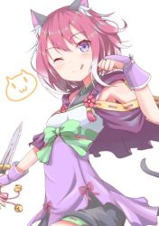Rule 34 | 1girl, ;q, akiyasu, animal ear fluff, animal ears, bare shoulders, black shorts, blush, bow, breasts, bridal gauntlets, cat ears, cat girl, cat tail, closed mouth, dagger, gradient hair, green bow, hair between eyes, hand up, holding, holding dagger, holding knife, holding weapon, knife, multicolored hair, one eye closed, princess connect!, purple eyes, red hair, short shorts, shorts, simple background, small breasts, smile, solo, split mouth, tail, tamaki (princess connect!), tongue, tongue out, weapon, white background, white hair