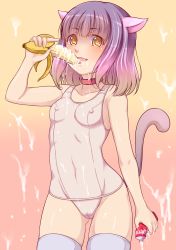 Rule 34 | 1girl, amashoku jirou, animal ears, bad id, bad pixiv id, banana, blush, breasts, cameltoe, cat ears, cat tail, collar, condensed milk, covered erect nipples, food, fruit, looking at viewer, one-piece swimsuit, open mouth, original, purple hair, school swimsuit, sexually suggestive, short hair, small breasts, smile, solo, swimsuit, tail, thighhighs, white school swimsuit, white one-piece swimsuit, yellow eyes
