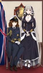 2girls absurdres alternate_costume arm_cutout azur_lane belt belt_buckle between_breasts black_footwear blue_necktie breasts brown_footwear brown_hair buckle buttons chair cleavage commander_(azur_lane) commentary commission curly_hair double-breasted dress dress_pants earrings emblem english_commentary epaulettes female_commander_(azur_lane) formidable_(azur_lane) frilled_dress frilled_jacket frills full_body gloves grey_hair hair_ornament hair_ribbon hair_spread_out hat high_heels highres jacket jewelry lapels large_breasts long_hair long_sleeves looking_at_viewer low_twintails medal medium_breasts medium_hair military military_hat military_jacket military_uniform multiple_girls naval_uniform necktie necktie_between_breasts notjapanesesushi own_hands_together oxfords pantyhose peaked_cap portrait red_eyes ribbon ribbon_bar royal_navy_emblem_(azur_lane) shirt sitting smile teeth twintails two-tone_ribbon union_jack very_long_hair white_gloves white_pantyhose white_shirt yellow_eyes