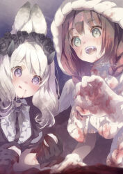 Rule 34 | 2girls, :d, :q, animal ears, black gloves, black vest, blood, blood on clothes, braid, brown hair, capelet, center frills, closed mouth, ech, fangs, frills, gloves, grey eyes, grey hair, hair over shoulder, halloween, highres, holding, hood, hood up, hooded capelet, long hair, low twintails, multiple girls, open mouth, original, purple eyes, rabbit ears, shirt, skirt, smile, tongue, tongue out, twin braids, twintails, vest, white capelet, white gloves, white shirt, white skirt