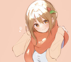 Rule 34 | 1girl, blush, brown background, brown eyes, brown hair, brown jacket, brown scarf, closed mouth, copyright request, flower, hair between eyes, hair flower, hair ornament, hands up, highres, himaneko., jacket, long sleeves, looking at viewer, open clothes, open jacket, red flower, scarf, shirt, simple background, smile, solo, upper body, white shirt
