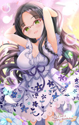 Rule 34 | 1girl, :d, armpits, arms up, black hair, blue choker, blue flower, blush, breasts, bubble, character request, choker, cleavage, commentary request, dated, dress, floral print, flower, glass, green eyes, hands in hair, happy birthday, highres, looking at viewer, medium breasts, ongeki, open mouth, parted bangs, print dress, purple flower, sleeveless, sleeveless dress, smile, solo, white dress, xenon (for achieve)