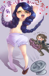 Rule 34 | 1boy, 1girl, arms behind head, bayonetta, bayonetta (series), bloomers, blue hair, cereza, chibi, chibi inset, child, clothes, flat chest, glasses, hair censor, hand fan, lips, luka redgrave, poko (mipoko), shoes, topless, translation request, twintails, underwear, wind, wind lift