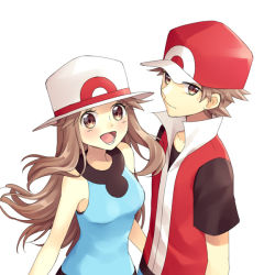 Rule 34 | 1boy, 1girl, :d, bare arms, blue shirt, brown eyes, brown hair, closed mouth, commentary request, creatures (company), eyelashes, game freak, hat, jacket, leaf (pokemon), long hair, lower teeth only, nintendo, open mouth, pokemon, pokemon frlg, popped collar, red (pokemon), red headwear, red jacket, scbstella, shirt, short hair, short sleeves, simple background, sleeveless, sleeveless jacket, sleeveless shirt, smile, t-shirt, teeth, tongue, upper body, white background, white headwear