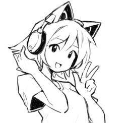 Rule 34 | 1girl, animal ear headphones, animal ears, arm up, cat ear headphones, commentary, english commentary, fake animal ears, greyscale, headphones, iamsako, krita (medium), looking at viewer, monochrome, no nose, open mouth, original, shirt, short hair, simple background, sketch, solo, upper body, v