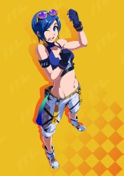 Rule 34 | 1girl, ;), armband, black gloves, blue eyes, blue hair, bra strap, breasts, cleavage, cleavage cutout, clenched hands, clothing cutout, commentary request, covido55, crop top, eyewear on head, fingerless gloves, fist pump, full body, gloves, headset, highres, looking at viewer, may lee, medium breasts, midriff, navel, one eye closed, pants, pants rolled up, pouch, purple-tinted eyewear, shoes, short hair, smile, sneakers, solo, sunglasses, sunglasses on head, suspenders hanging, swept bangs, the king of fighters, the king of fighters 2001, tinted eyewear, yellow-framed eyewear, yellow background
