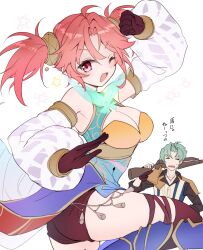 Rule 34 | 1boy, 1girl, ;d, alette claretie, arm up, atelier (series), atelier sophie, atelier sophie 2, bare shoulders, black shorts, blue shirt, breasts, brown gloves, cleavage, cleavage cutout, clenched hand, clothing cutout, commentary request, detached sleeves, gloves, green hair, gun, hand up, highres, holding, holding gun, holding weapon, karasumi (aiseec), large breasts, long hair, looking at viewer, olias enders, one eye closed, open mouth, over shoulder, pink hair, puffy detached sleeves, puffy sleeves, red eyes, shirt, short hair, shorts, simple background, smile, standing, weapon, weapon over shoulder, white background