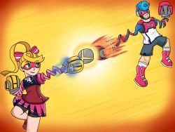 Rule 34 | 1boy, 1girl, arms (game), blonde hair, blue eyes, blue hair, boots, boxing gloves, domino mask, earrings, grin, highres, jewelry, mask, nintendo, ribbon, ribbon girl (arms), shorts, skirt, smile, spring man (arms), super smash bros.