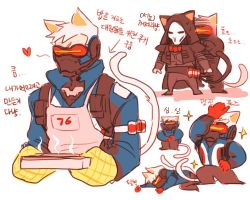Rule 34 | 2boys, animal ears, apron, baking, bu466, cat boy, cat ears, cat tail, cloak, clothes writing, fatherly, heart, hood, hooded cloak, jacket, kemonomimi mode, korean text, male focus, mask, mouth mask, multiple boys, oven mitts, overwatch, overwatch 1, reaper (overwatch), skull mask, soldier: 76 (overwatch), sparkle, spoken heart, tail, translated, white hair