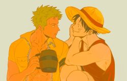 Rule 34 | 2boys, abs, black eyes, black hair, couple, cup, dark-skinned male, dark skin, eye contact, facial scar, from side, green hair, hat, head rest, holding, holding cup, jacket, looking at another, male focus, monkey d. luffy, multiple boys, nok (nok 1), one piece, open clothes, open jacket, parted lips, profile, roronoa zoro, scar, scar on cheek, scar on chest, scar on face, short hair, sideburns, smile, straw hat, unzipped, upper body, yaoi, yellow jacket