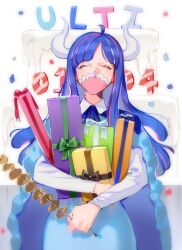 Rule 34 | birthday, blue cape, blue hair, blue skirt, cape, closed eyes, covered mouth, curled horns, dinosaur girl, fur-trimmed cape, fur trim, gift, holding, holding gift, horns, mask, mouth mask, multicolored hair, one piece, pink hair, pink mask, raine (acke2445), shirt, skirt, streaked hair, ulti (one piece), white shirt
