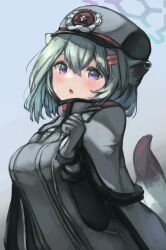 Rule 34 | 1girl, absurdres, animal ears, bear ears, blue archive, commentary, epaulettes, grey headwear, grey jacket, hair between eyes, hair ornament, hairclip, halo, highres, jacket, looking at viewer, notice lines, parted lips, purple eyes, shigure (blue archive), short hair, simple background, solo, tail, teruriu