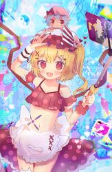 Rule 34 | 1girl, bat wings, blonde hair, blue hair, blush, character doll, cowboy shot, crystal, fangs, flandre scarlet, frills, fumo (doll), hair ornament, hairpin, hand up, hat, highres, midriff, nene man, open mouth, red eyes, remilia scarlet, selfie stick, side ponytail, smile, solo, touhou, wings