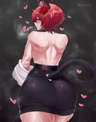 Rule 34 | 1boy, absurdres, animal ears, ass, bare back, bike shorts, black background, black choker, blush, borrowed character, cat ears, cat tail, choker, clothing cutout, commentary, commission, english commentary, flower, gingersid, green eyes, hair flower, hair ornament, heart, highres, huge ass, iyarin, looking back, original, red flower, red hair, red rose, rose, short hair, smile, steam, sweat, tail, tail through clothes, thick thighs, thighs, twitter username, undressing, virtual youtuber