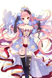 Rule 34 | 1girl, bare shoulders, black gloves, black ribbon, blue flower, blue rose, breasts, collarbone, crown, dress, floral print, flower, gloves, hair ribbon, highres, large breasts, long hair, looking at viewer, official art, open mouth, panties, petals, pink hair, red eyes, red panties, ribbon, rose, rose print, serestia (soccer spirits), shirahane nao, soccer spirits, striped ribbon, thighhighs, transparent background, underwear