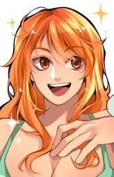 Rule 34 | 1girl, alynomali, bare shoulders, commentary, english commentary, eyes visible through hair, highres, long hair, nami (one piece), one piece, open mouth, orange eyes, orange hair, smile, solo, sparkle, teeth