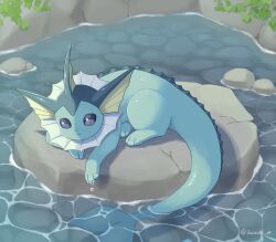Rule 34 | animal focus, artist name, blue eyes, blue skin, colored skin, commentary request, creatures (company), fins, forked tail, game freak, gen 1 pokemon, head fins, highres, ibusaki (ivu), nintendo, no humans, pokemon, pokemon (creature), rock, sitting, solo, tail, vaporeon, water