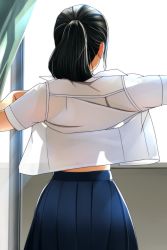 Rule 34 | 1girl, black hair, blue skirt, bra visible through clothes, collared shirt, cowboy shot, curtains, dressing, from behind, highres, indoors, light rays, long hair, matsunaga kouyou, open clothes, open shirt, original, outstretched arm, pleated skirt, ponytail, school uniform, shirt, short sleeves, skirt, solo, standing, translucent, white shirt, window