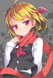Rule 34 | 1girl, ascot, black skirt, black vest, blonde hair, breasts, checkered clothes, checkered scarf, closed mouth, commentary request, grey background, hair ribbon, hand up, long sleeves, looking at viewer, red ascot, red eyes, red ribbon, red scarf, ribbon, rumia, scarf, shirt, skirt, sleeves past wrists, small breasts, solo, touhou, uumaru, vest, white shirt